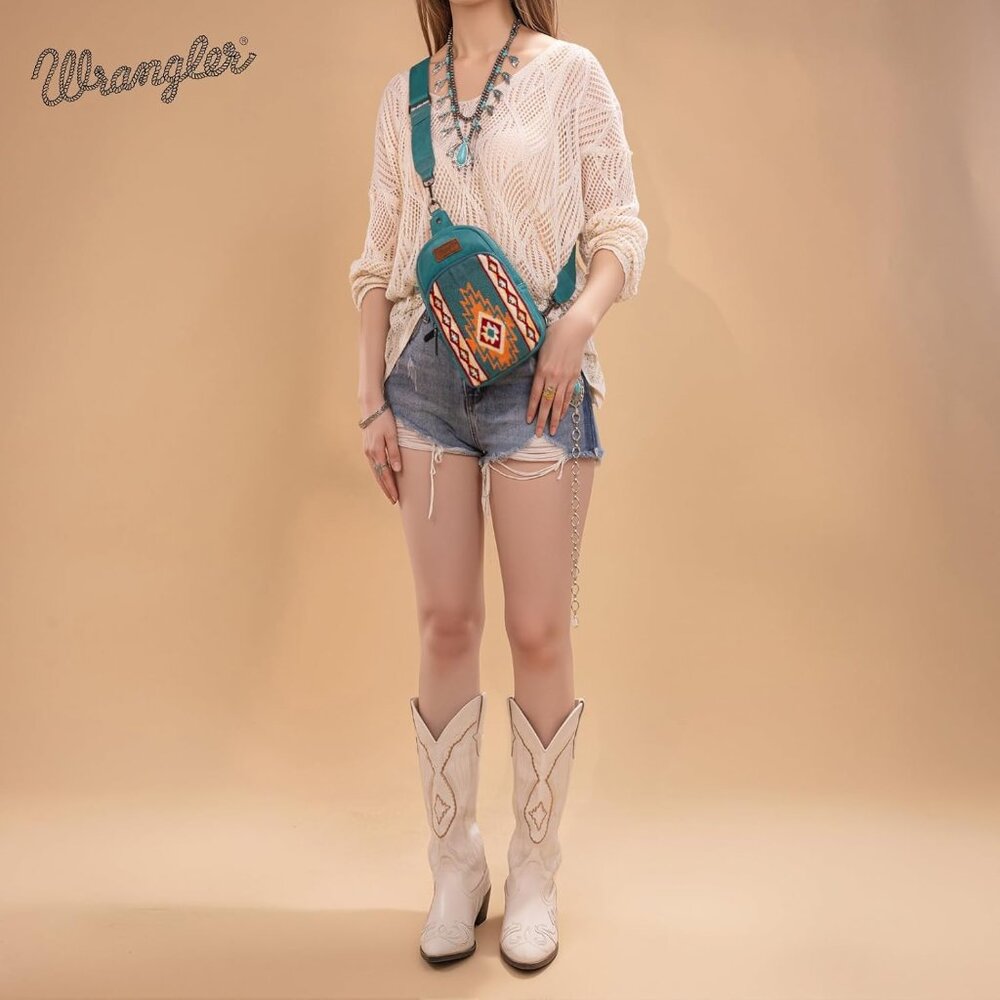Wrangler Turquoise Aztec Knitted Crossbody Sling Bag for Women - Picture 2 of 7
